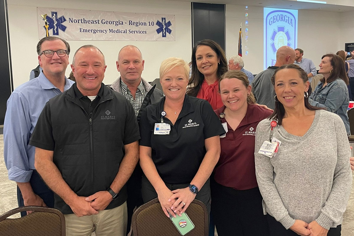 St. Mary’s staff pose for a photo at the Region 10 EMS Banquet. Pictured are, from left to right: John Reeck, John Sartain, Joe Frey, Tina Childree, Deniel Elder, Rebecca Hopkins and Cindy Carmean.